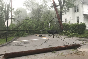 Fallen electrical wires caused by storm and tree damage